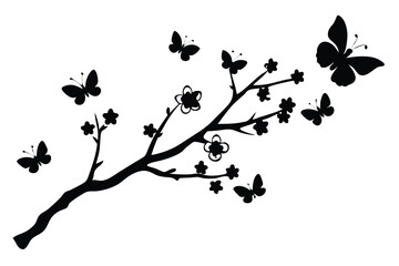 Dark blossom branch silhouette with butterflies creates an elegant and nature inspired artwork