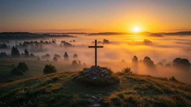 Christian cross on grassy landscape with warm sunlight and light fog. Pentecost Celebration