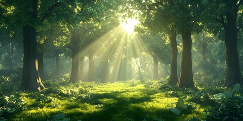 Sunlight streams through a peaceful forest.