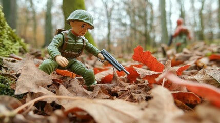 Miniature soldier figure crouched in autumn leaves, holding a gun.  Hidden in the forest