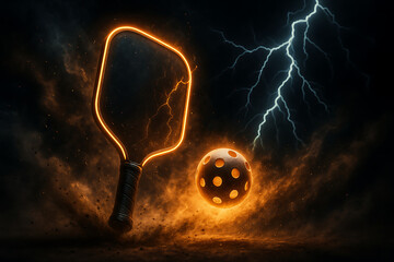 Futuristic Glowing Pickleball Paddle and Ball with Lightning and Fiery Energy in Dark Stormy Scene