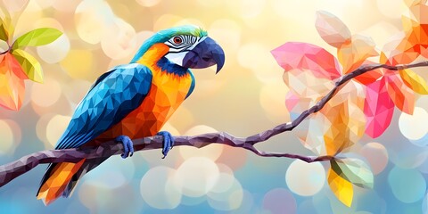 Vibrant polygonal parrot perched on a branch.