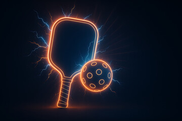 Futuristic Neon Pickleball Paddle and Ball with Electric Lightning Effects on Dark Background