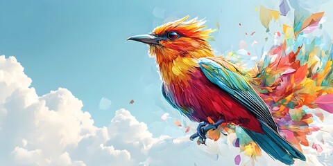 Vibrant multicolored bird against a sky backdrop