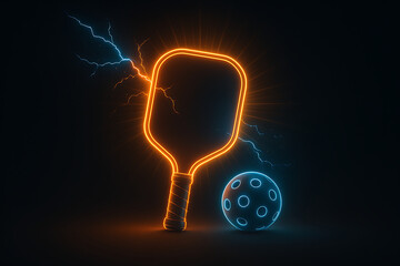 Glowing Neon Pickleball Paddle and Ball with Electric Lightning on Dark Futuristic Background