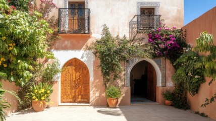 Fototapeta premium Traditional Moroccan House Facade with Intricate Stucco and Lush Rose Bushes