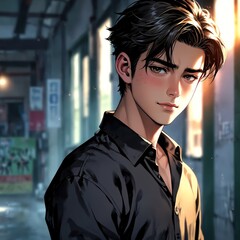 Expressive young man with intense gaze in urban evening setting