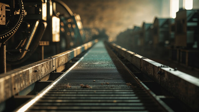Industrial conveyor belt extending into the distance, showcasing factory production equipment.
