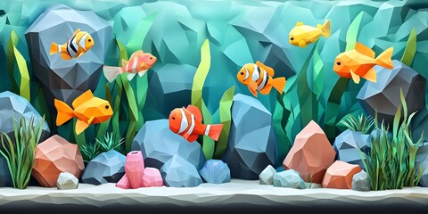 Colorful polygonal aquarium scene with diverse fish.