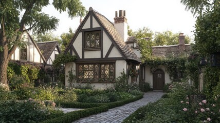 Tudor Style Half Timbered Cottage House Exterior with Lush Garden