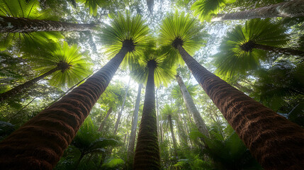 Naklejka premium Majestic tree ferns dominate this lush rainforest scene, viewed from a low angle, emphasizing their height and intricate details. Sunlight filters through the canopy.