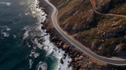 Winding road hugs coastline in aerial view.