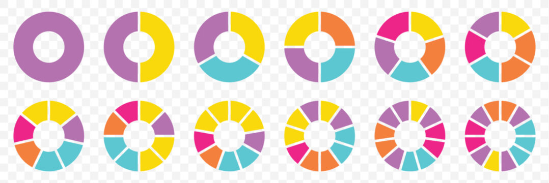 Pie chart set, segmented circle icons, circle diagram. Pie chart divided 1,2,3,4,5,6 equal parts. Color pizza or donut round diagram. Infographic wheel segment or sections parts on Transparent. EPS 10