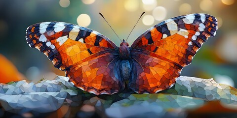 Polygonal butterfly, vibrant hues, resting on textured surface.