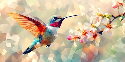 Vibrant hummingbird in flight amidst spring blossoms.