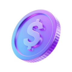 3D coin icon with dollar sign and purple and blue gradients isolated on a transparent background. Money symbol, finance, payment, currency, wealth, savings, or economic concept.