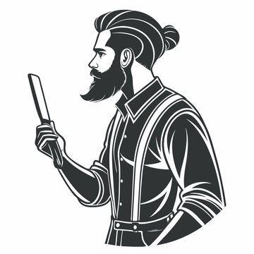 recommend clip art: Monochrome illustration of stylish bearded barber with straight razor in hand