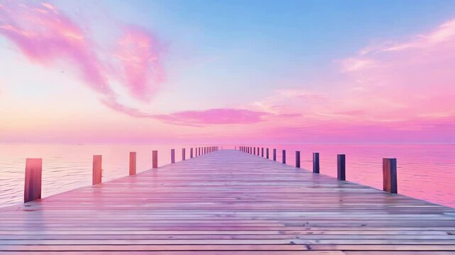 Pier going into the sea, ocean from the island in pink. Beautiful background, creating a spring summer mood and tourism, vacation. Tropical resort Natural landscape background, advertising space, copy