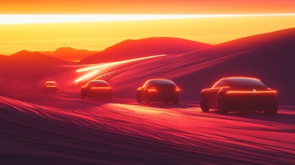 Cars drive on a road at sunset with mountains in the background.