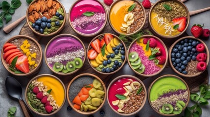 Fototapeta premium Vibrant assortment of colorful smoothie bowls.