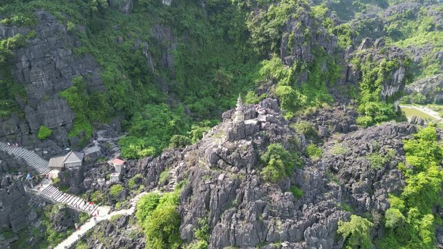 Aerial view of vietnamese pagoda on top of Mua Cave mountain, Ninh Binh, Vietnam