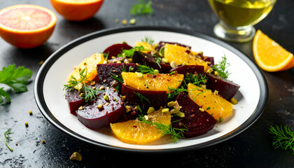 Fresh and flavorful beet and citrus salad with grapefruit, orange, and pistachios, drizzled in a light citrus dressing.