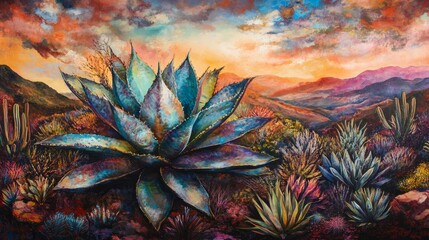 Painting of an agave plant in a desert landscape with mountains and colorful sky.