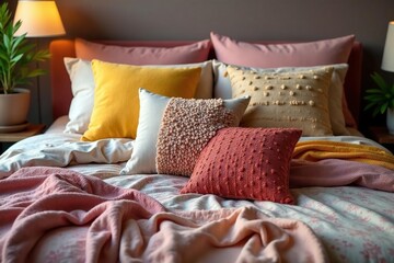 Textured throw cushions scattered across a patterned bedspread , floral, home textiles