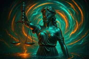 Stylized Bronze Statue of Blindfolded Justice with Glowing Scales and Mystical Light
