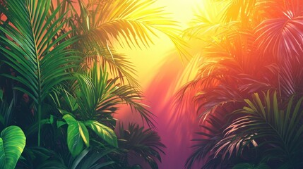 A radiant jungle scene with colorful skies, palm tree shadows cast over the vibrant greenery