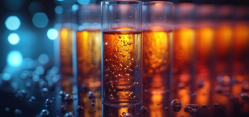 Obraz premium Amber Liquid in Glassware, Nighttime Setting