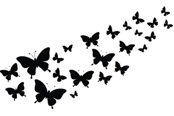Many black butterfly silhouettes are flowing upward against a plain white backdrop for a striking visual