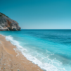 Turquoise Ocean Waves Crashing on Sandy Beach near Rocky Cliffs