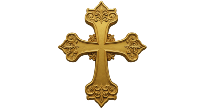 Ornate Golden Christian Cross Isolated on a Transparent PNG Background, cross, christian, christianity, religious, symbol, faith, god, jesus, gold, golden