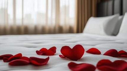 Honeymoon Location Luxurious Resorts Concept. Romantic Bedroom Setting with Red Rose Petals on White Comforter and Soft Lighting