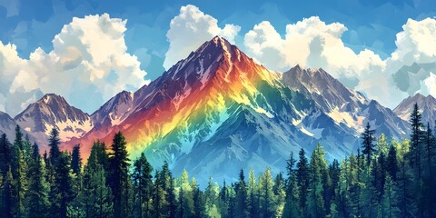 Colorful mountain range with a rainbow peak.