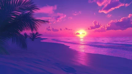 Fotobehang Electric sunset over a tranquil beach, vibrant purple skies with palm shadows on the sand © Aisha