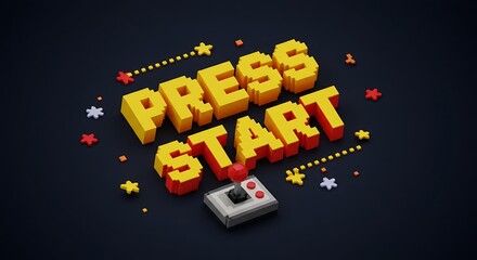 Retro gaming 'Press Start' message with joystick and pixelated elements