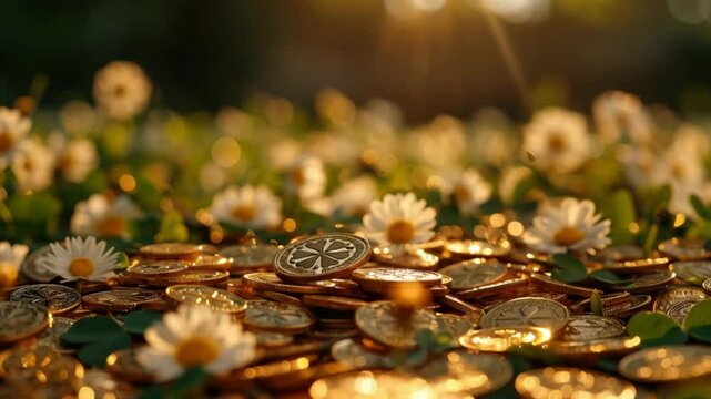 Shiny gold coins with clovers for St. Patrick's Day