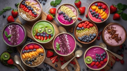 Fototapeta premium Colorful healthy smoothie bowls arranged on a table.