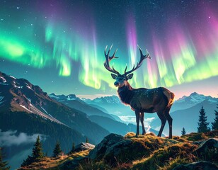 deer in the mountains with holographic antlers