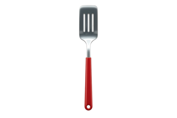 A digital illustration of a kitchen spatula featuring a vibrant red handle and a stainless steel slotted head, isolated on a transparent background—symbolizing cooking, utility, and kitchen tools.