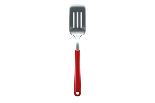 A digital illustration of a kitchen spatula featuring a vibrant red handle and a stainless steel slotted head, isolated on a transparent background—symbolizing cooking, utility, and kitchen tools.