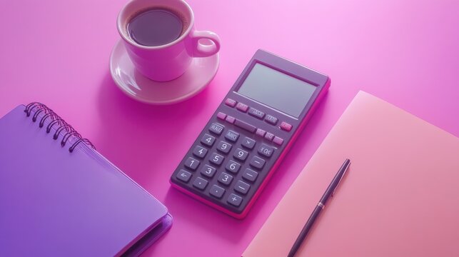 Budget flat lay with laptop notebook calculator smartphone coffee cup glasses and financial statement reports on blush pink to sky blue gradient pastel background