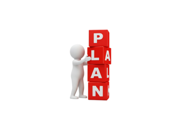 A digital illustration of a stylized character stacking red blocks that spell out the word 'PLAN', isolated on a transparent background—symbolizing strategy, preparation, and goal setting.
