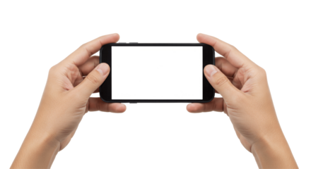  Hands Holding Horizontal Smartphone with Blank Screen Isolated on Transparent PNG Background, hands, holding, smartphone, phone, mobile phone, device
