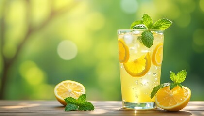 Fototapeta premium Making Lemonade with Ice and Mint on Wooden Table in Natural Light
