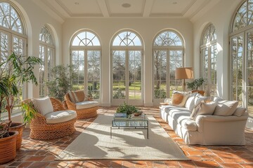 Obraz premium Bright airy sunroom with large windows, white walls, light-colored furniture, elegant sofa, chairs, glass coffee table, brick flooring, tall lamps, and three arched doors leading outdoors