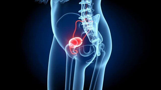 Human pelvic X-Ray animation highlighting internal anatomy urinary bladder