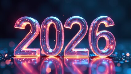Glowing 2026 digital number with neon lights and sparkles. New Year's background